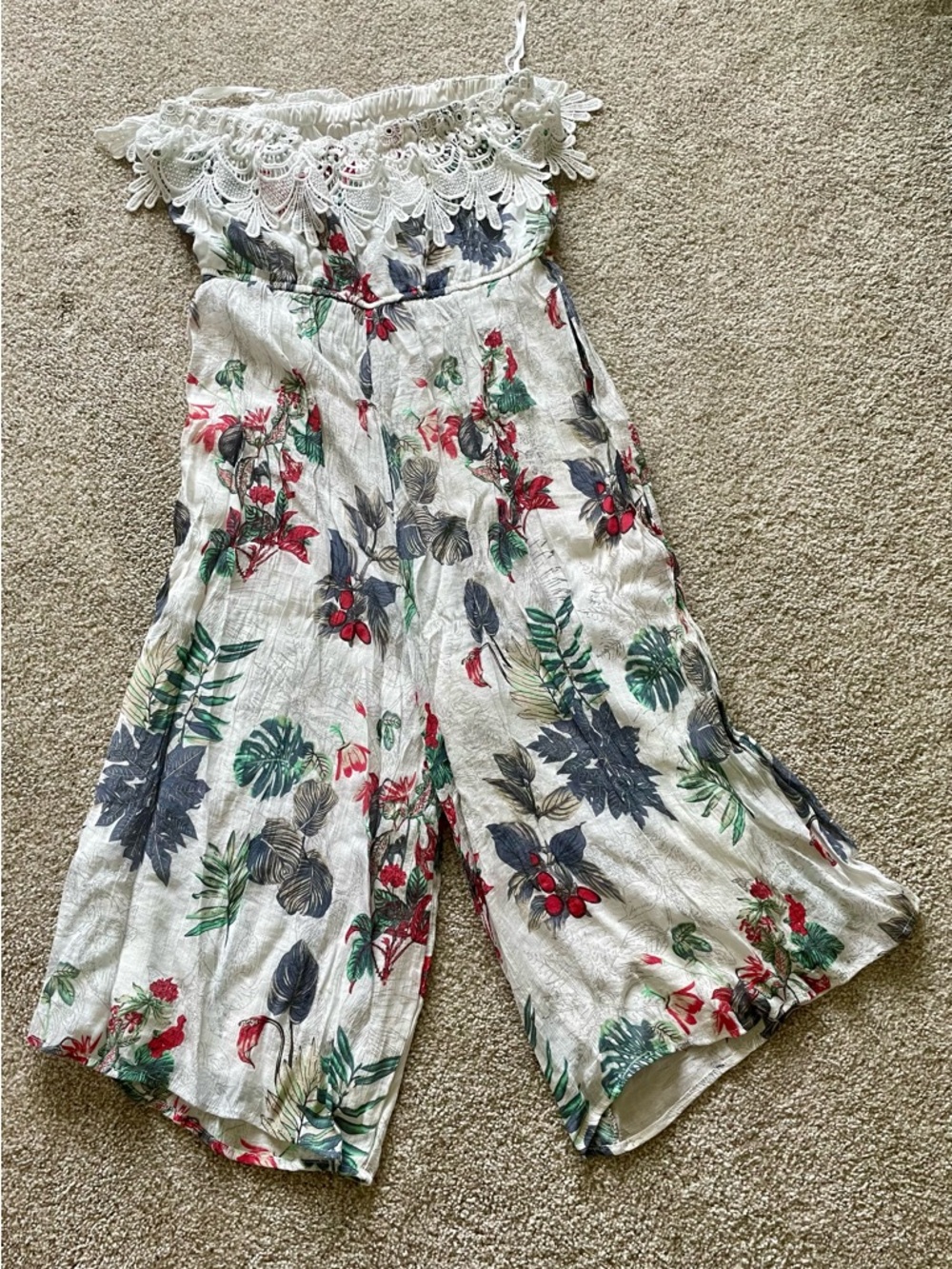 Avenue White Floral Lace-Trim Wide-Leg Jumpsuit